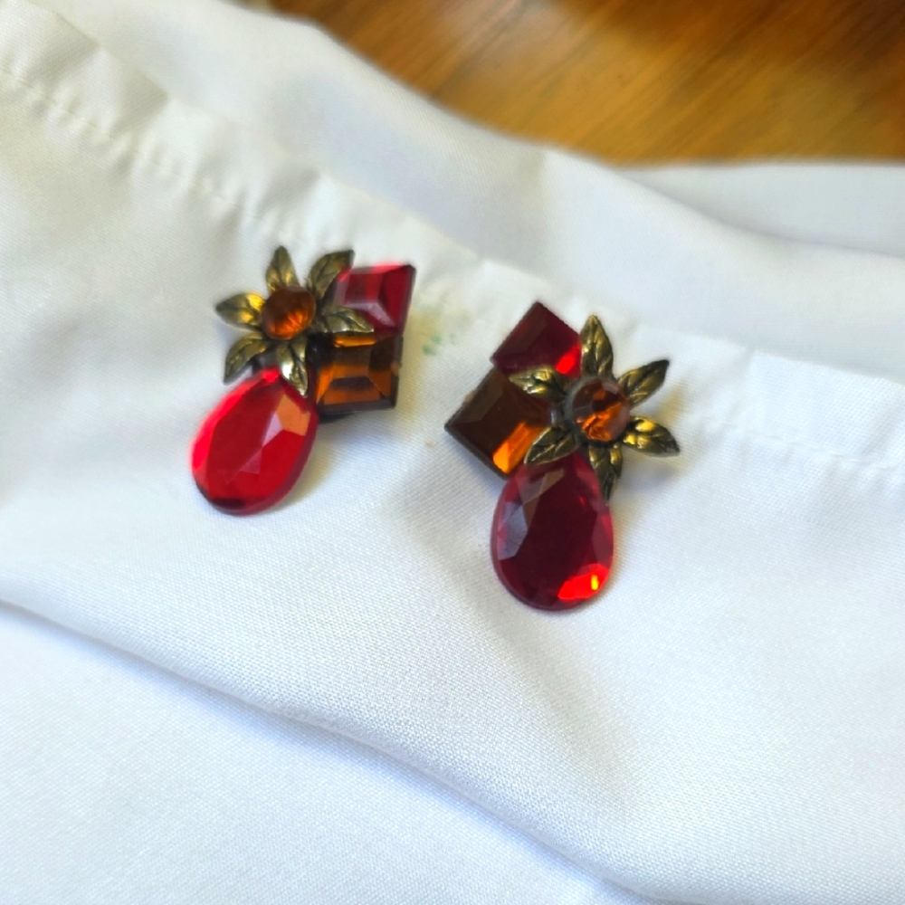 Elegant Red, Amber and Gold Floral Earrings